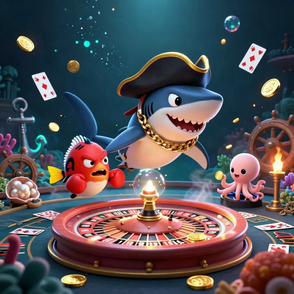 Pirate shark, pufferfish, and octopus amid coins, coral, cards, and casino lights.