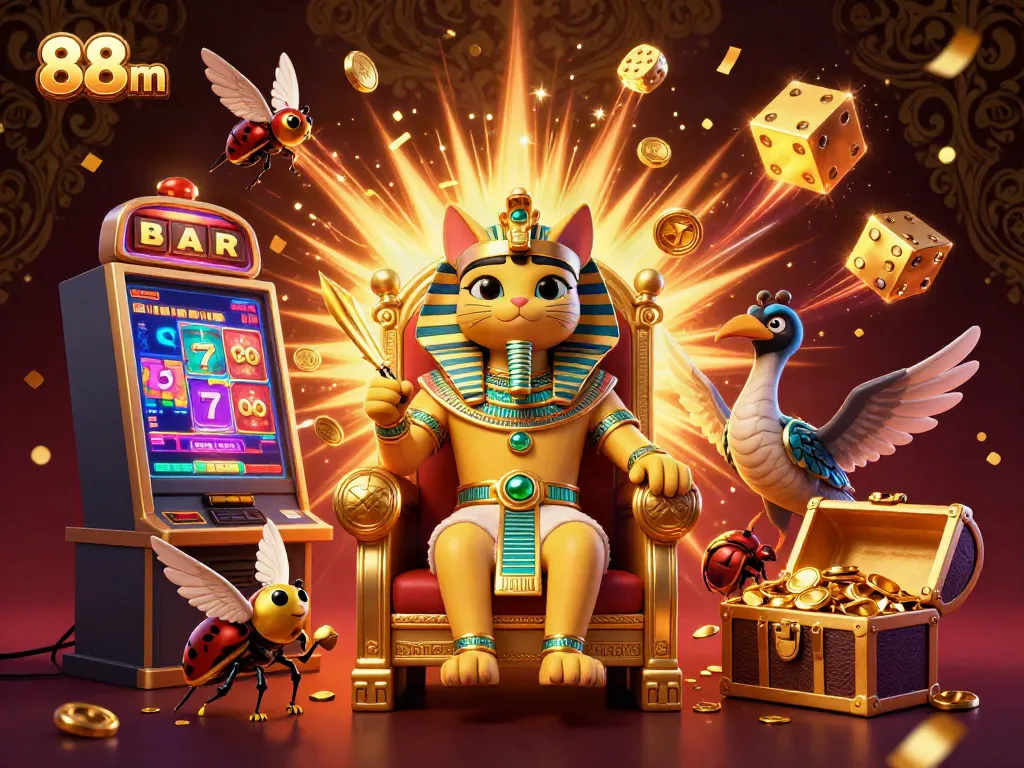 Experience thrilling jackpots at 88m with our golden pharaoh and vibrant casino elements in action.