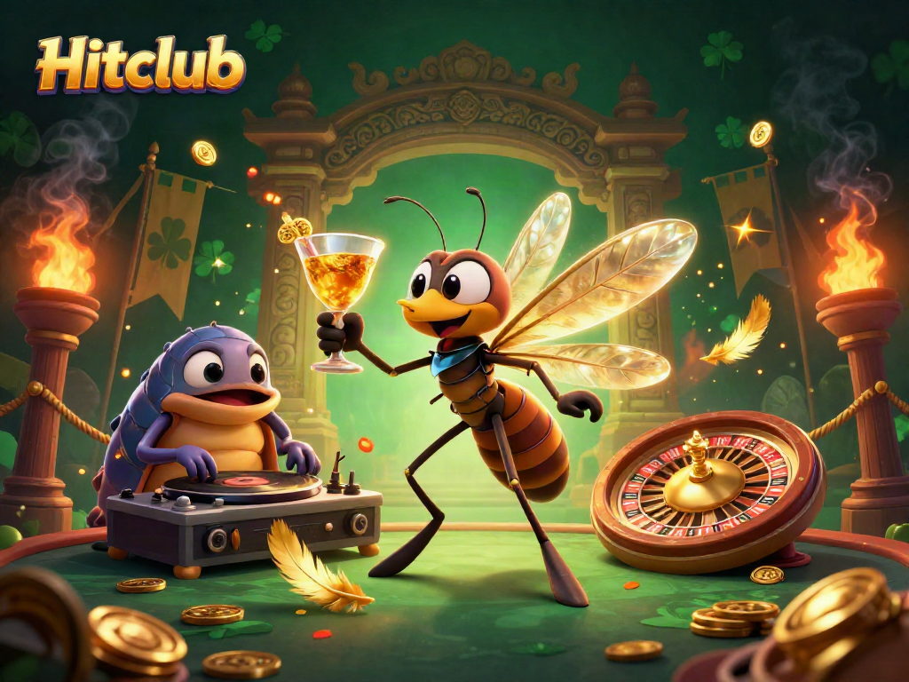 Engaging Hitclub casino scene featuring a mosquito mascot, trilobite DJ, and ammonite roulette wheel.