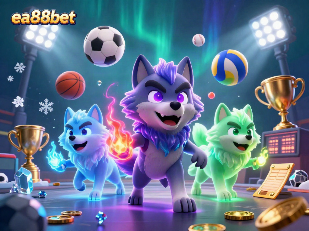 ea88bet showcases a thrilling casino scene with a spectral wolf pack and dynamic sports elements.