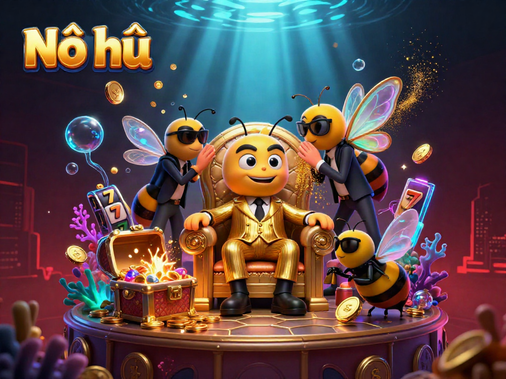 Nổ hũ jackpot explosion scene showcasing a cartoon bee mob boss, guardian wasps, and treasure-filled underwater setting.