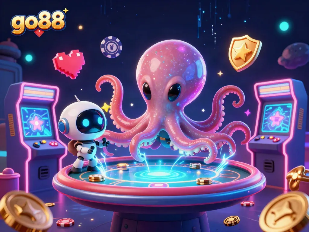 Engage in a thrilling experience at go88 with an alien octopus interacting at a holographic poker table.