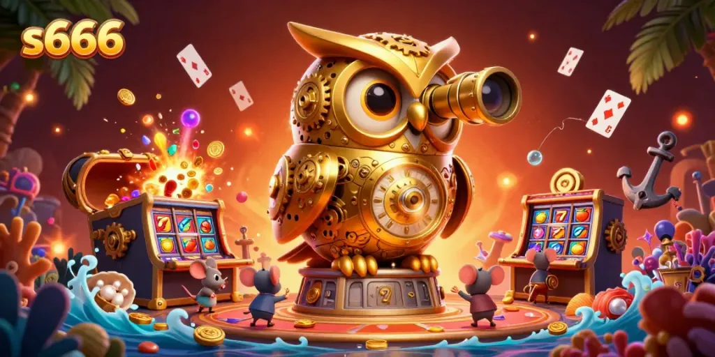 Experience thrilling gaming at s666 with a dynamic casino scene featuring our golden owl and vibrant slot machines.
