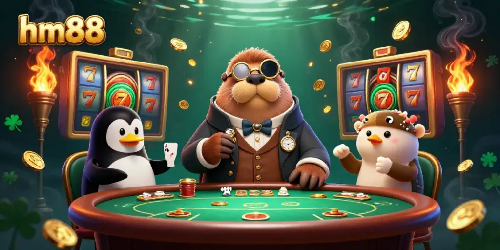 Experience thrilling poker action at HM88 as a walrus bluffs against a pufferfish and penguin dealer.