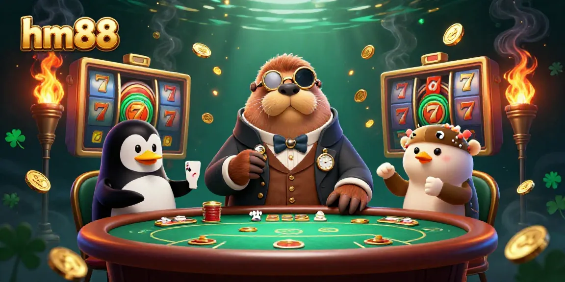 Experience thrilling poker action at HM88 as a walrus bluffs against a pufferfish and penguin dealer.