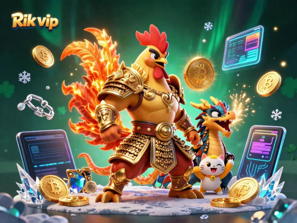 Join the fun at Rik vip with gaming characters amidst vibrant casino elements and sparkling coins.