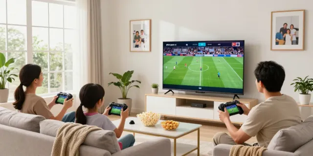 Family enjoying IPTV subscription USA in a cozy living room with snacks and a large TV.
