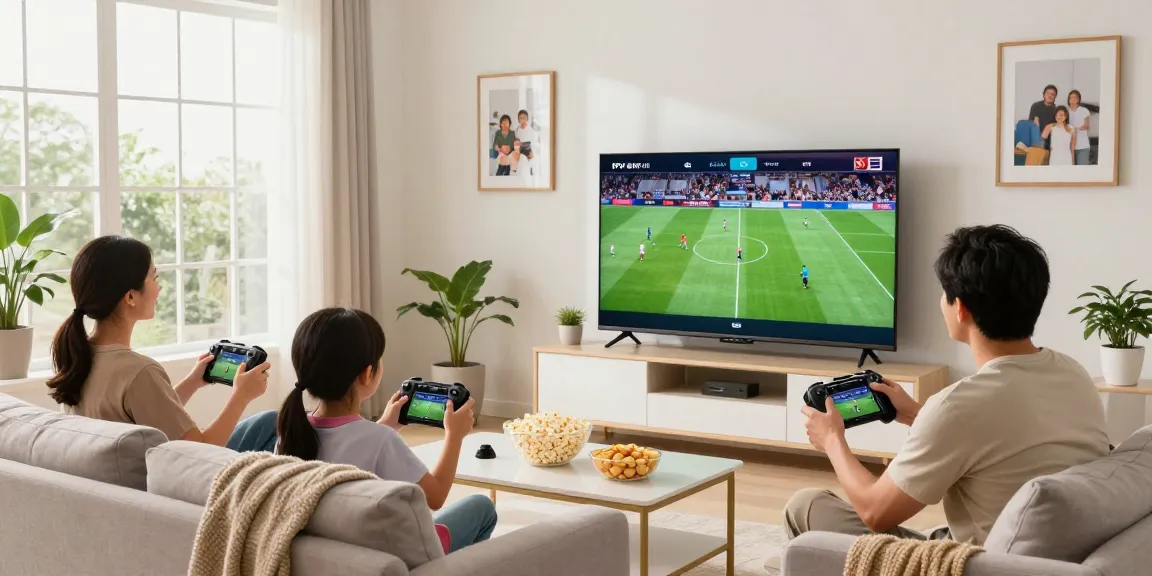 Family enjoying IPTV subscription USA in a cozy living room with snacks and a large TV.