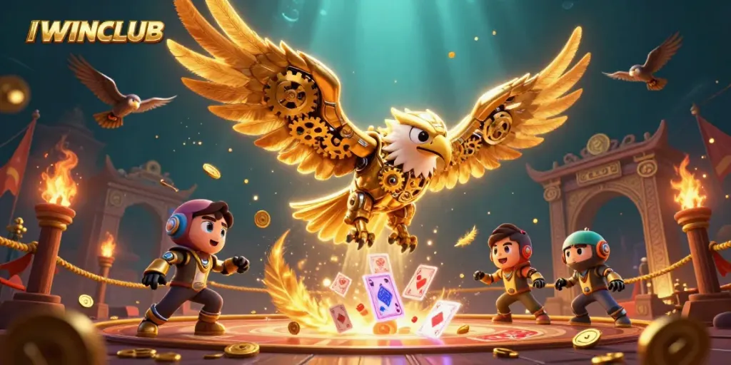 IWINCLUB showcases thrilling gameplay with a cybernetic eagle amidst holographic cards and golden treasures.