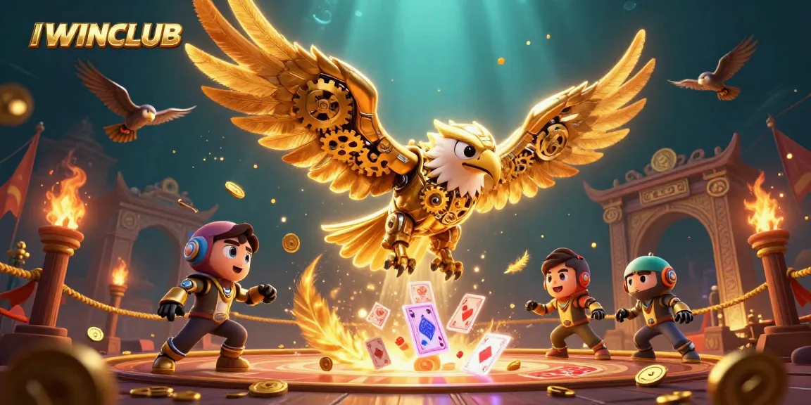 IWINCLUB showcases thrilling gameplay with a cybernetic eagle amidst holographic cards and golden treasures.