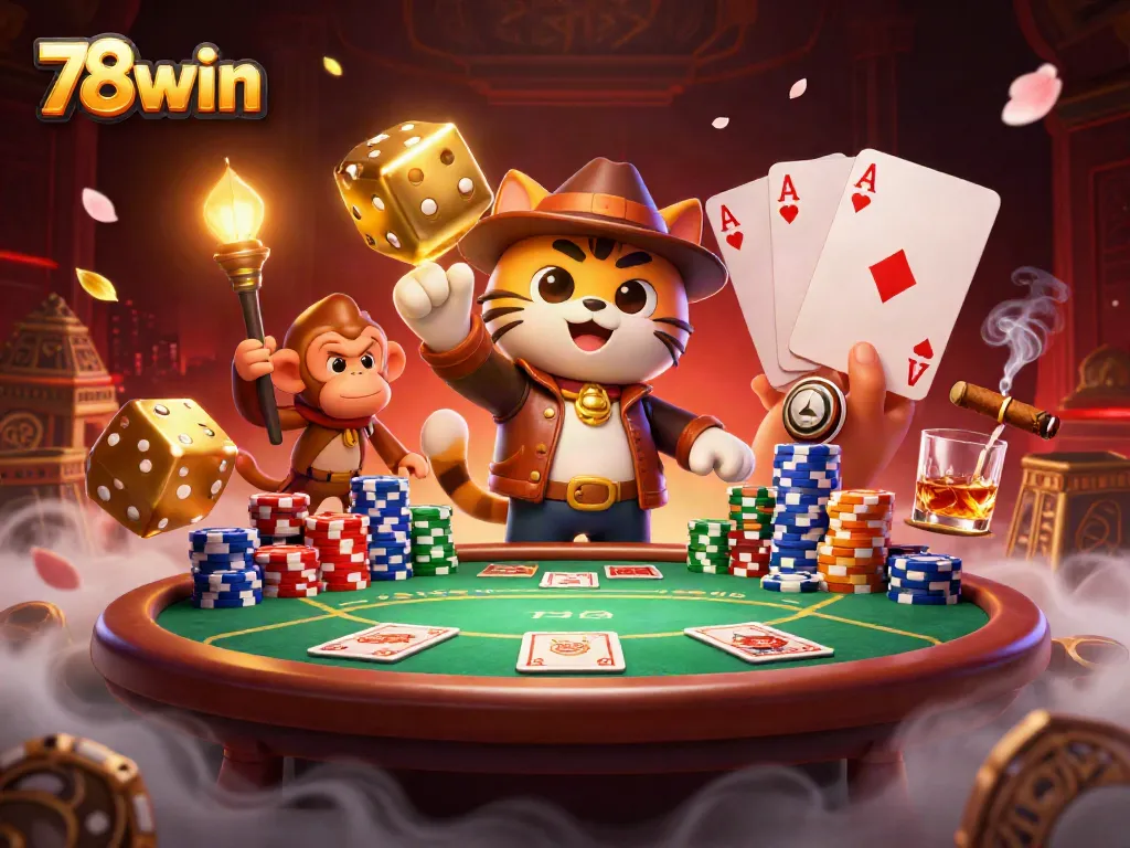 Engage in thrilling games at 78win, highlighted by the vibrant atmosphere of a dynamic casino scene.