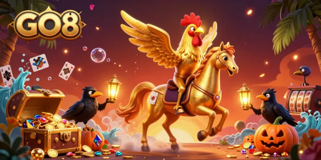 GO8 gaming adventure with a golden rooster and crow companions in a shimmering casino, illustrating excitement and big wins.