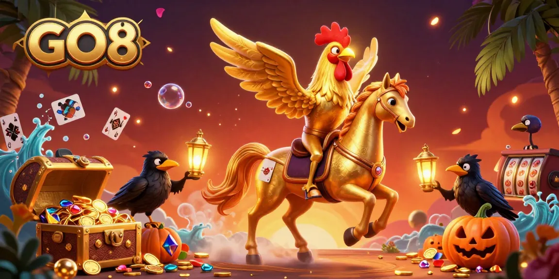 GO8 gaming adventure with a golden rooster and crow companions in a shimmering casino, illustrating excitement and big wins.