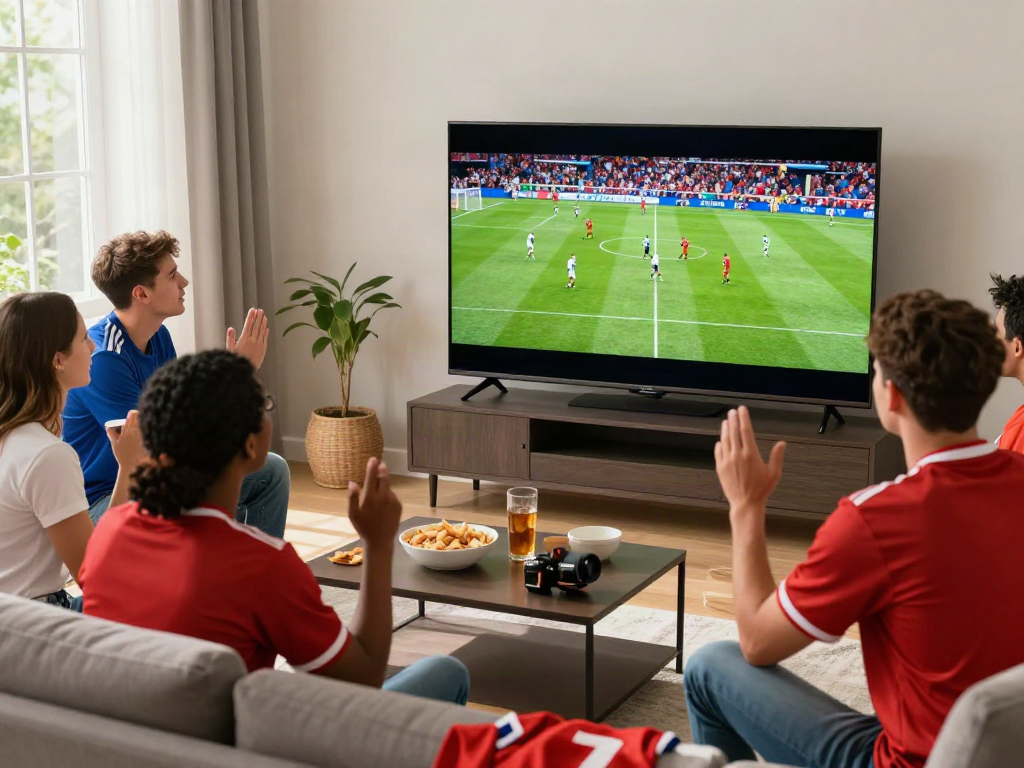 Football fans enjoying a high-definition Cakhiatv stream in a vibrant living room.
