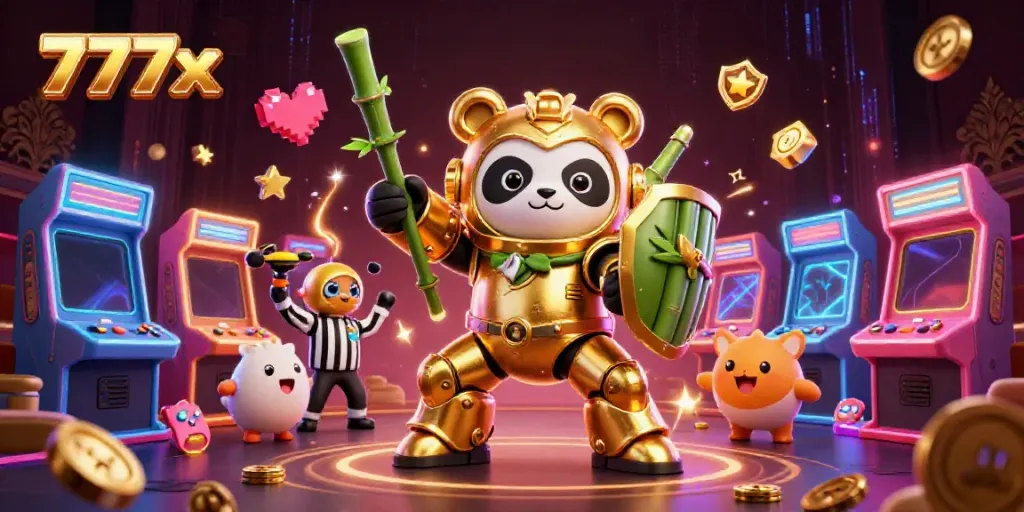 Experience the excitement of 777x with a dynamic arcade scene featuring a mech-suit panda in a gaming arena.