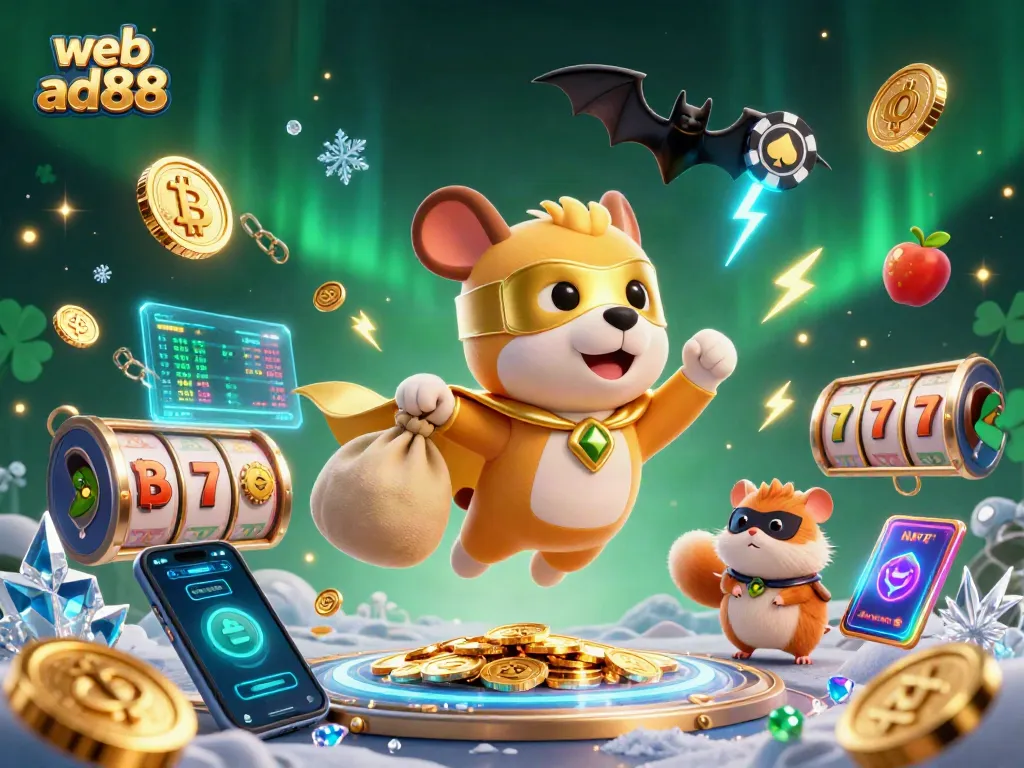 Engage with web ad88's thrilling adventures featuring a superhero dog and hamster amidst slot reels and coins.