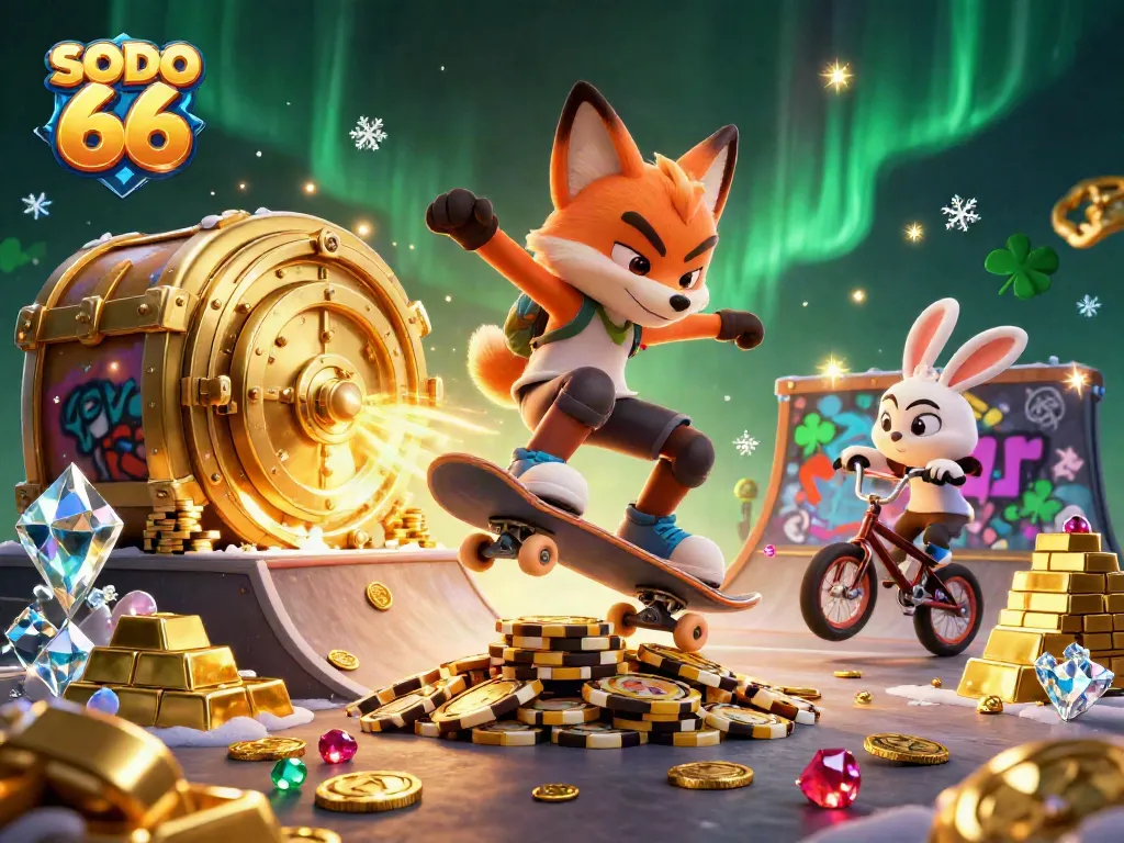Experience thrilling wins at SODO 66 as a fox performs tricks in a dynamic casino scene.