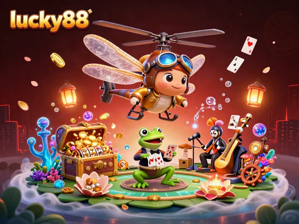 Experience thrilling gambling with lucky88 as a dragonfly pilot oversees a vibrant casino scene.