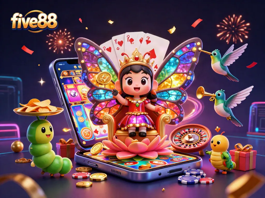 Engage with five88's vibrant casino world featuring a butterfly queen and dynamic game elements.