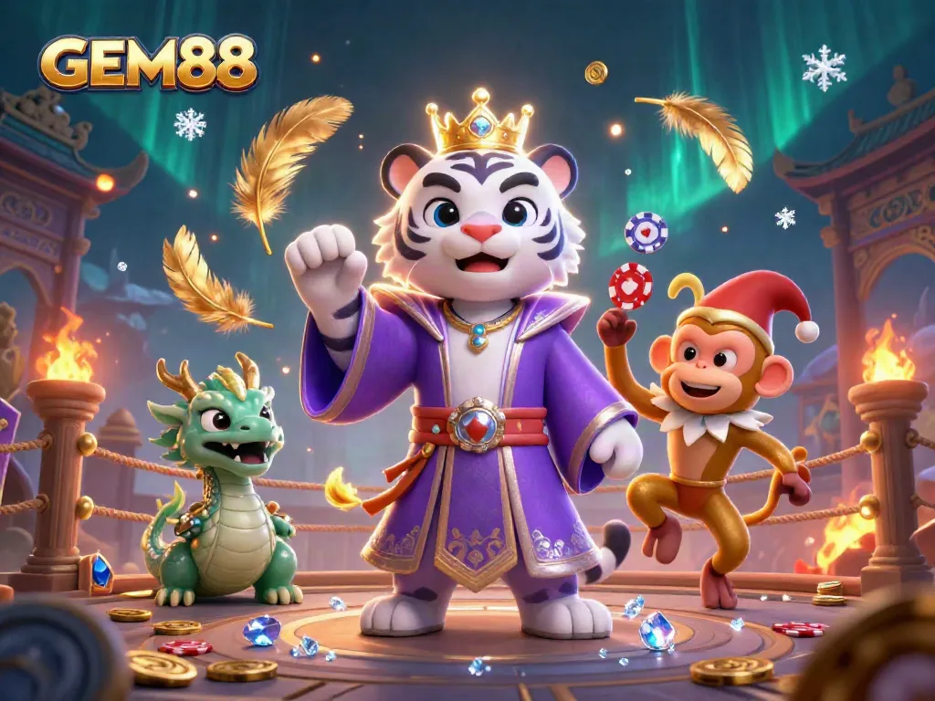 Join the fun at GEM88 with an elegant tiger, jester monkey, and jade dragon in this vibrant casino scene.