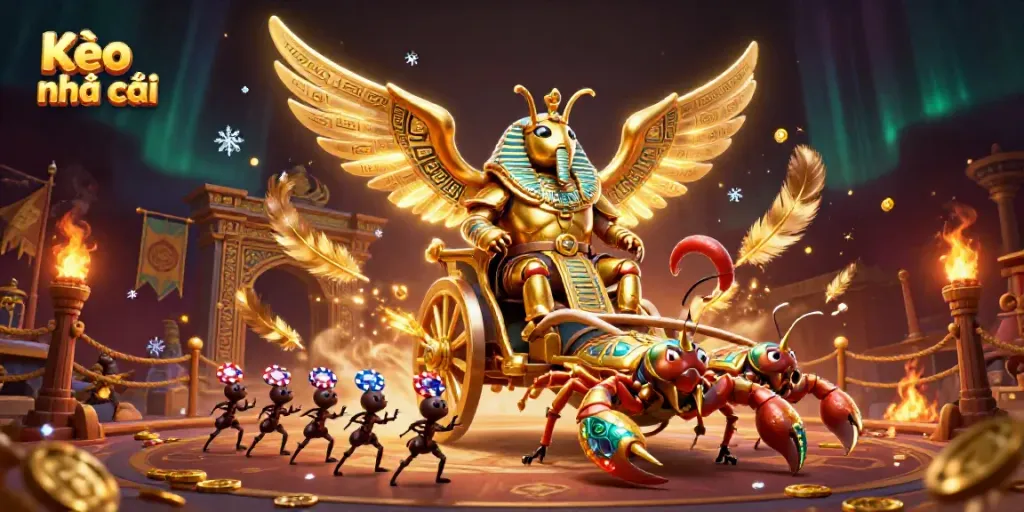 Explore Kèo nhà cái with golden scarab beetle in a vibrant, dynamic casino scene filled with action.