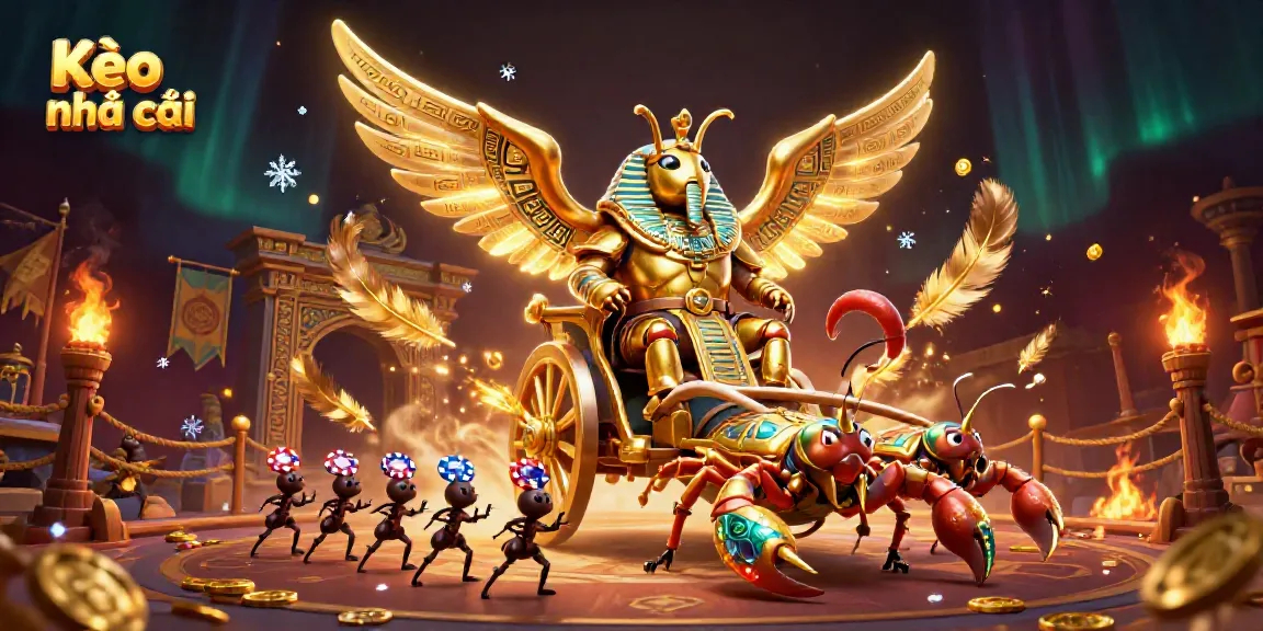 Explore Kèo nhà cái with golden scarab beetle in a vibrant, dynamic casino scene filled with action.