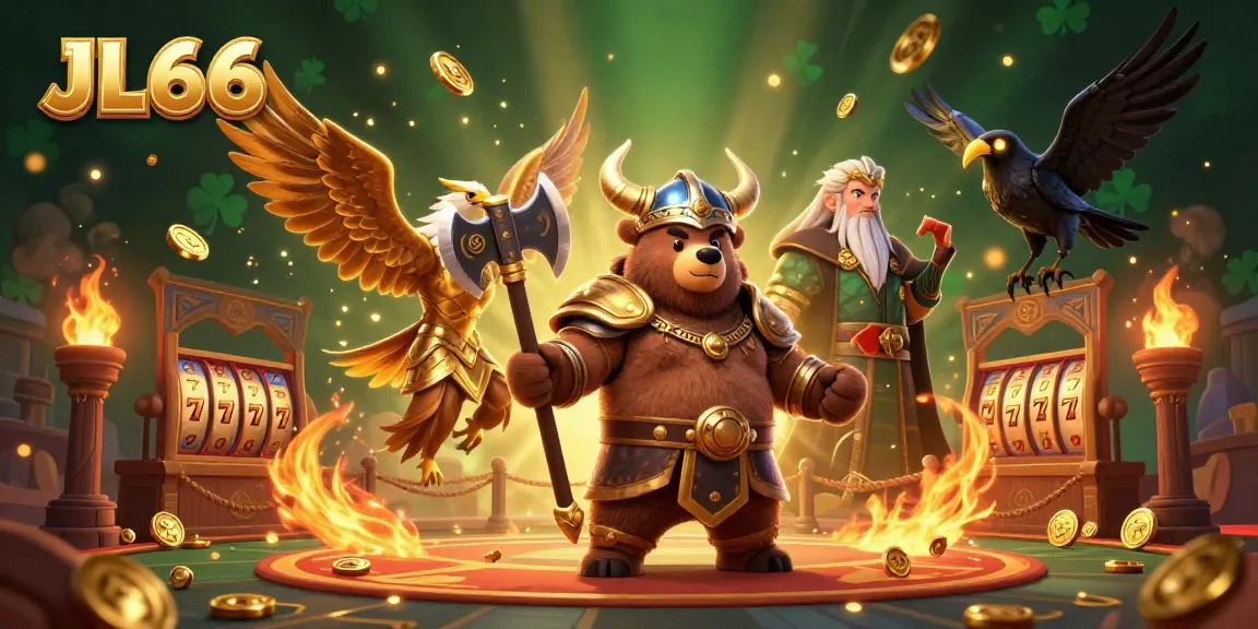 Experience thrilling slots action at JL66 with a vibrant 3D illustration featuring gaming elements and epic characters.