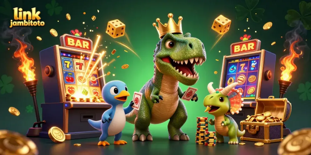 Experience link jambitoto with a vibrant 3D casino scene featuring playful dinosaur characters and exciting game elements.
