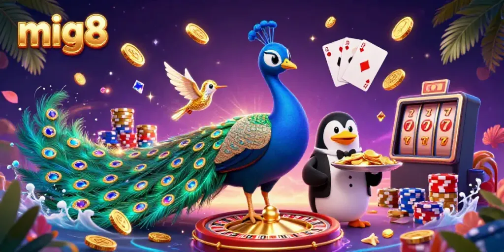 Experience vibrant excitement at mig8 with a luxurious peacock and butler penguin amidst cascading coins and roulette in a 3D casino scene.