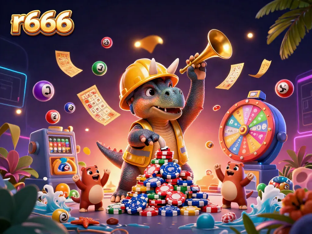 Engage in thrilling r666 experiences as triceratops build stacks of poker chips amid vibrant casino elements.