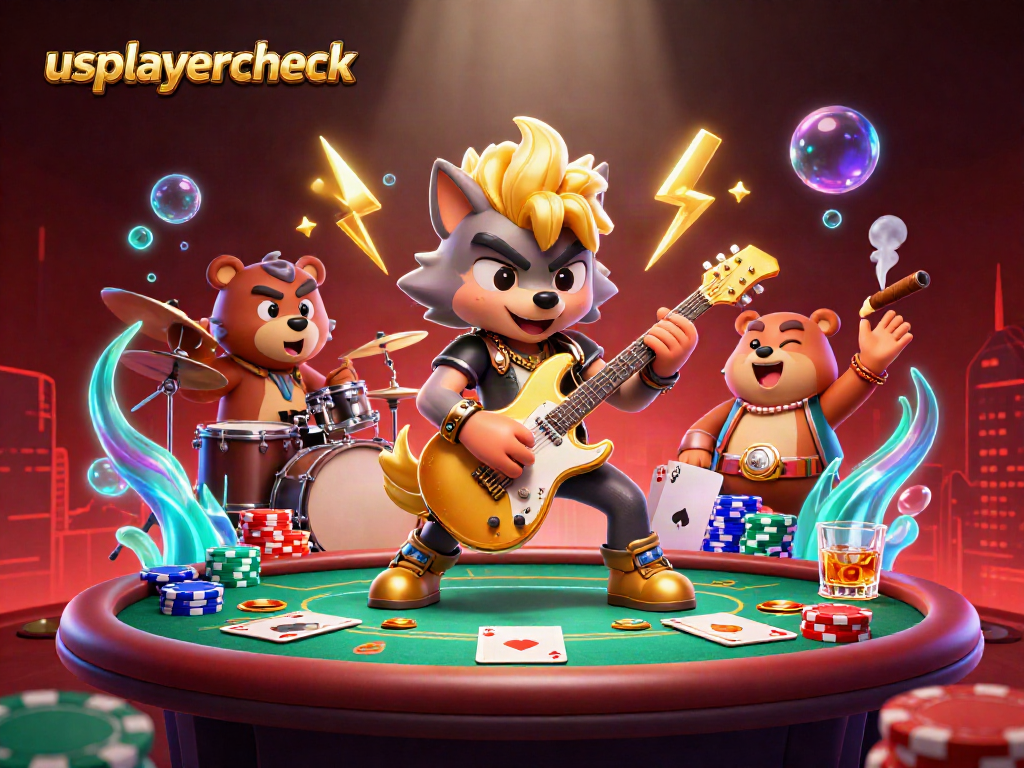 Join the action at usplayercheck with a rock star wolf and drummer bear in an exciting casino scene.