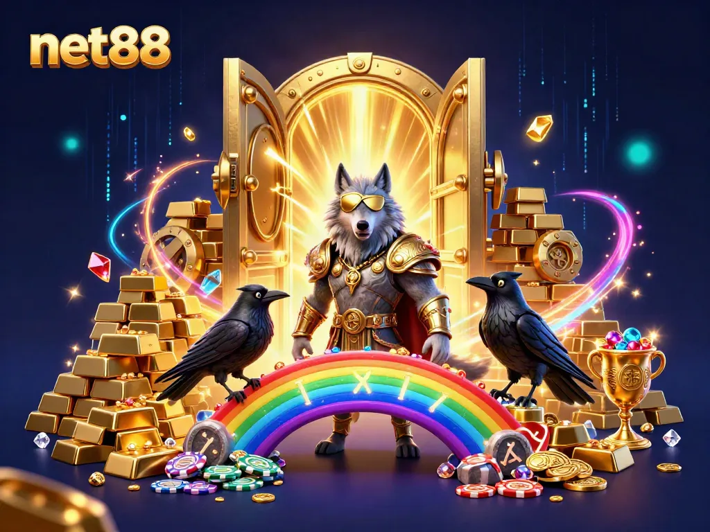 Experience the thrill of net88 with a vibrant 3D casino scene featuring Odin and his ravens.