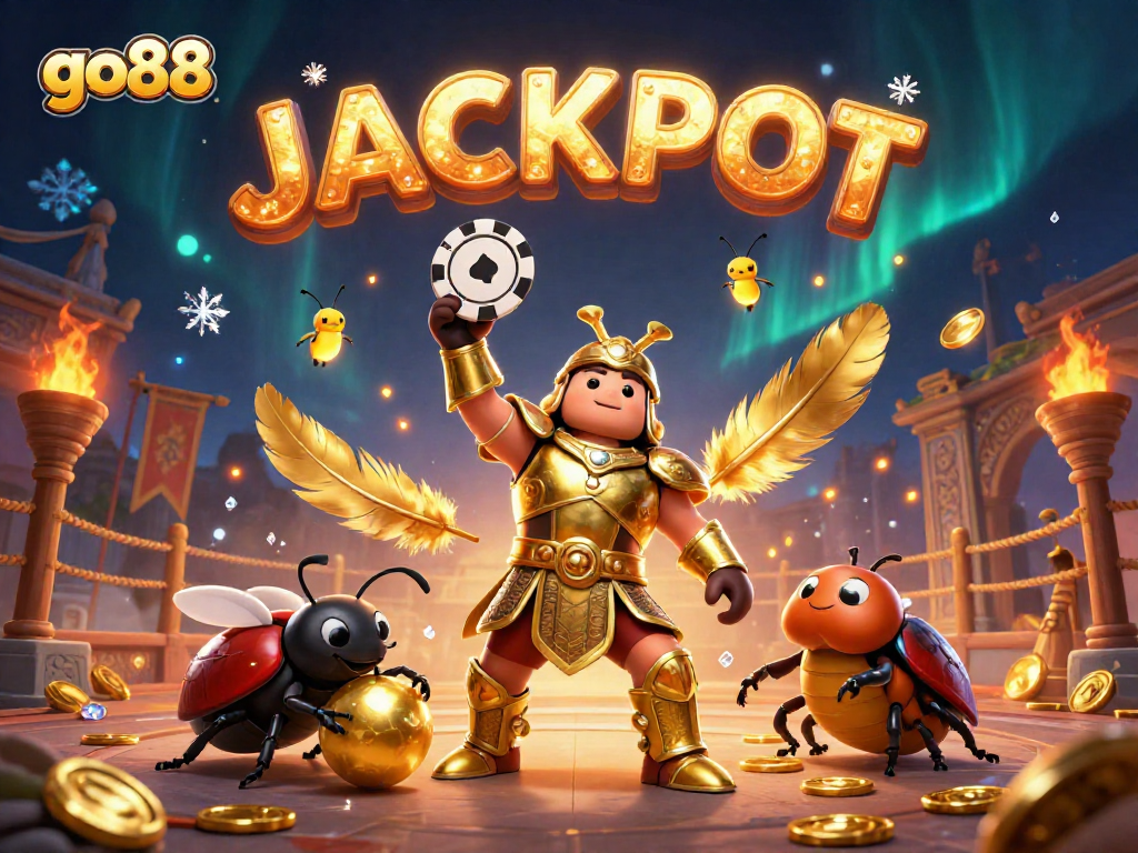 Go88 beetle's victory lift amidst a vibrant casino scene filled with gold coins and excitement.