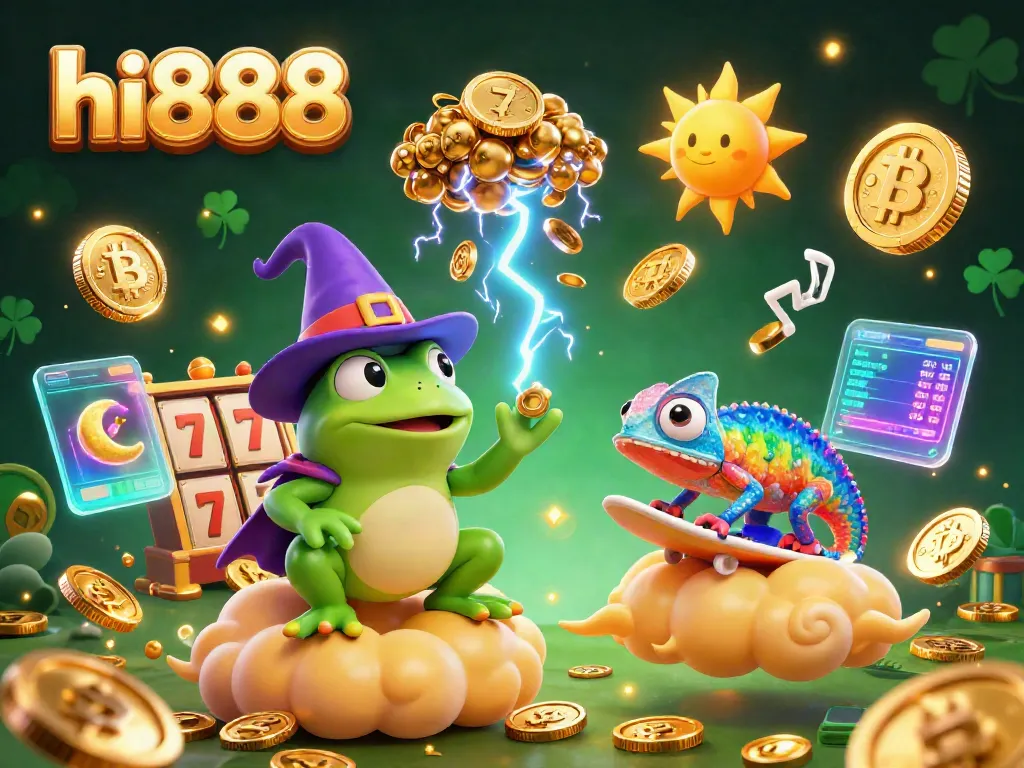 Engage with hi888's vibrant casino experience featuring golden coins, a storm wizard, and a rainbow chameleon.