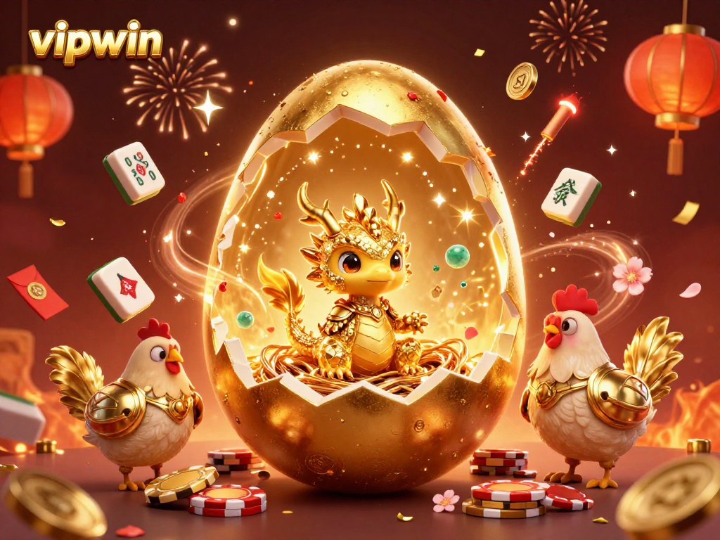 Experience thrilling gaming with vipwin, showcasing a golden dragon and poker chips in celebration.