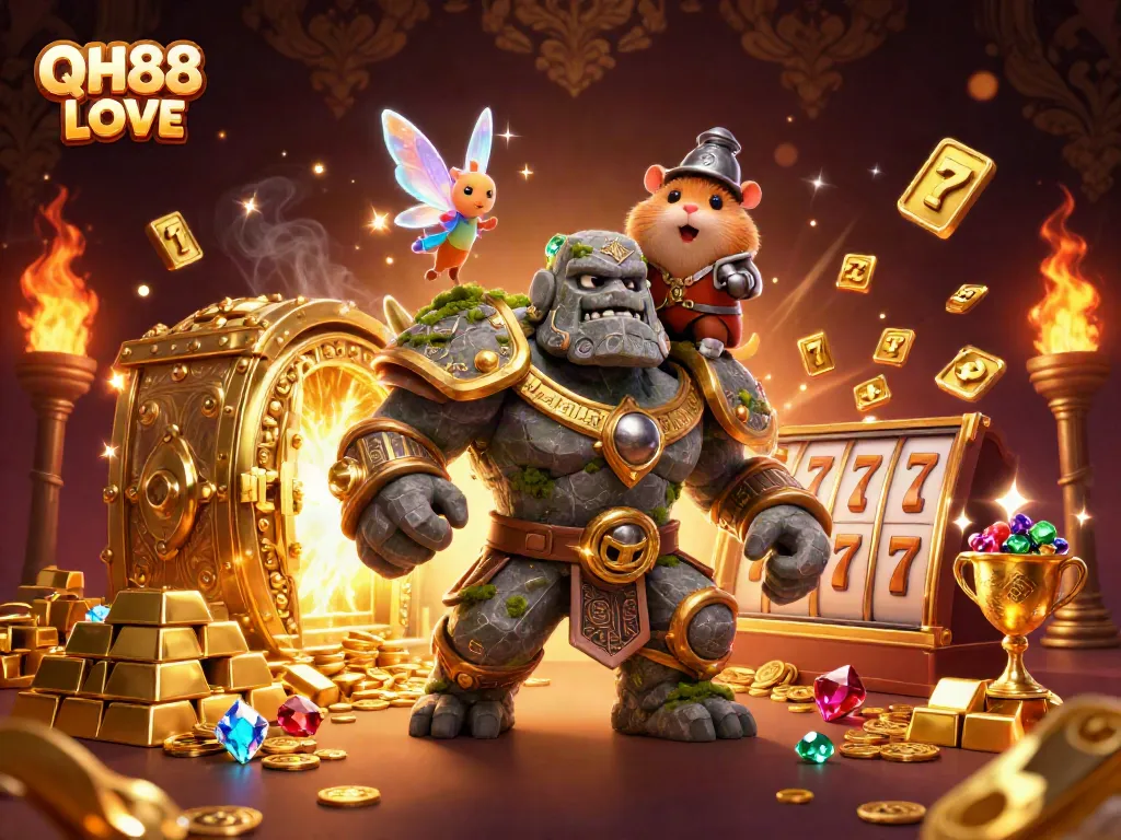 Experience the excitement of QH88 LOVE with winning symbols and treasures in a vibrant casino scene.