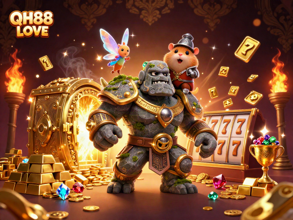 Experience the excitement of QH88 LOVE with winning symbols and treasures in a vibrant casino scene.