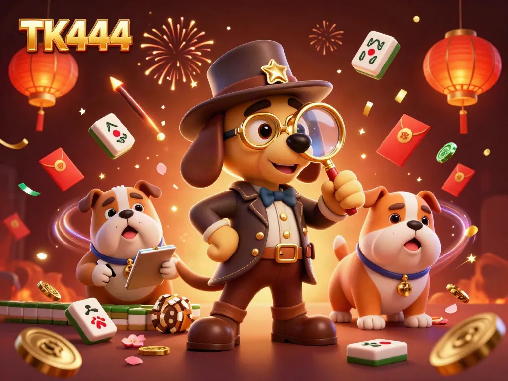 Engaging TK444 casino scene of a detective examining a poker chip with dynamic gaming elements.