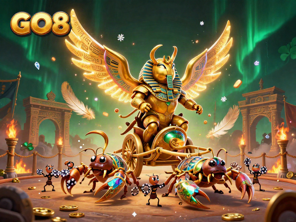 Experience thrilling gaming with GO8's colossal golden beetle and scorpions in a vibrant, dynamic casino landscape.