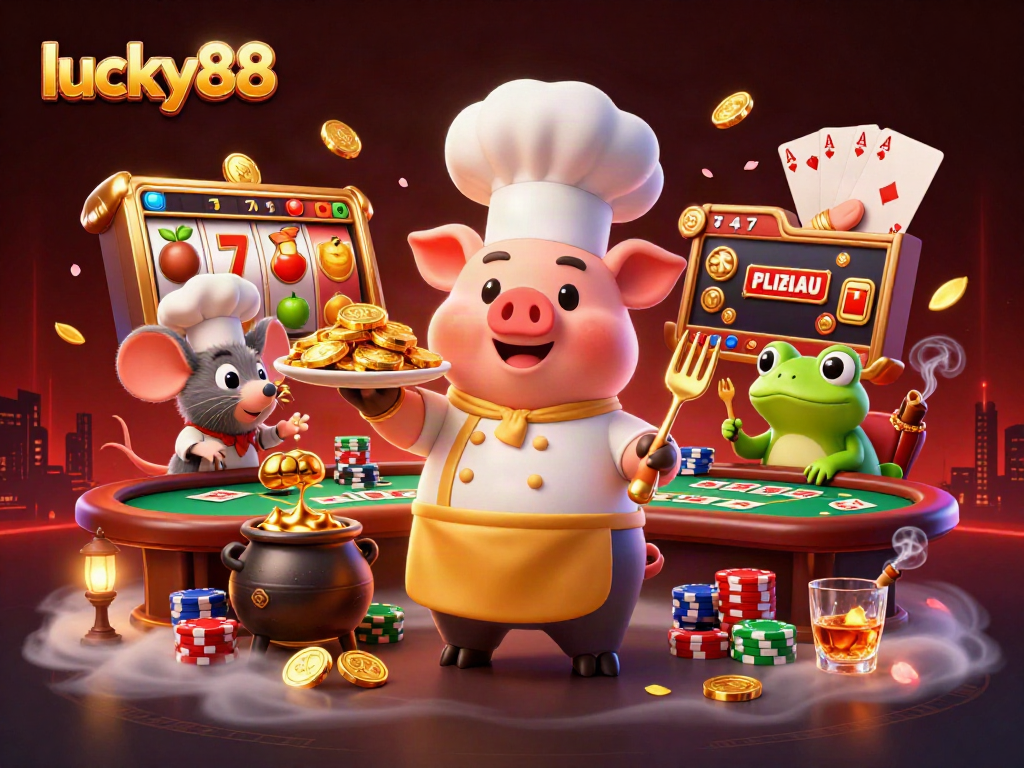 Engage in fun at lucky88 with a chef pig, a sous-chef mouse, and a frog critic serving gourmet gold coins.