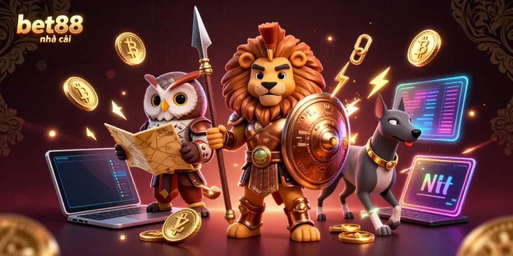 Experience thrilling gameplay at bet88 nhà cái with an enticing illustration of a Spartan lion and dynamic gaming elements.