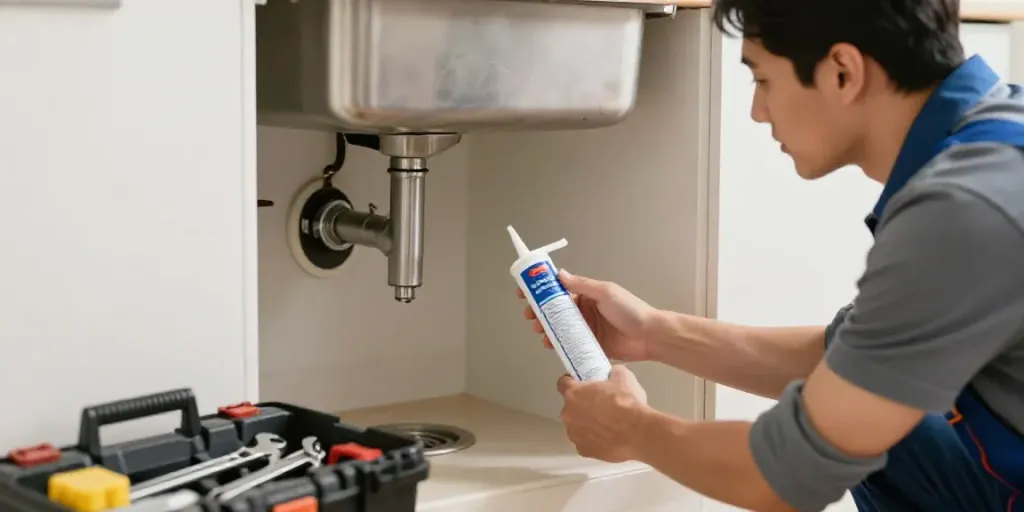 Water leak repair Rapid City SD scene with plumber fixing kitchen leak.