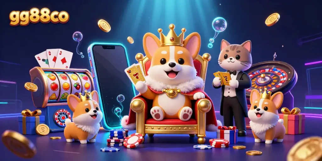 Engaging 3D scene featuring gg88co and casino elements like slot reels and poker chips.