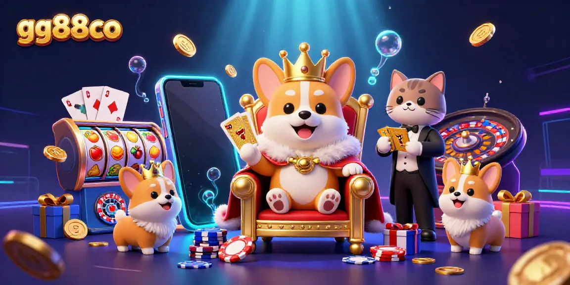 Engaging 3D scene featuring gg88co and casino elements like slot reels and poker chips.