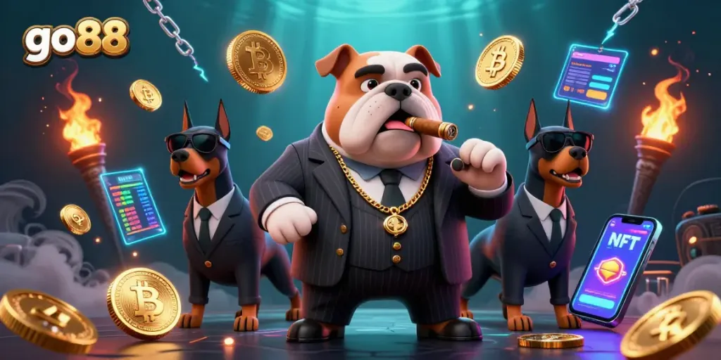Chơi game hấp dẫn tại go88 với hình ảnh 3D độc đáo của một bulldog băng mafia và bảo vệ đang bao quanh đồng tiền Bitcoin và Ethereum.