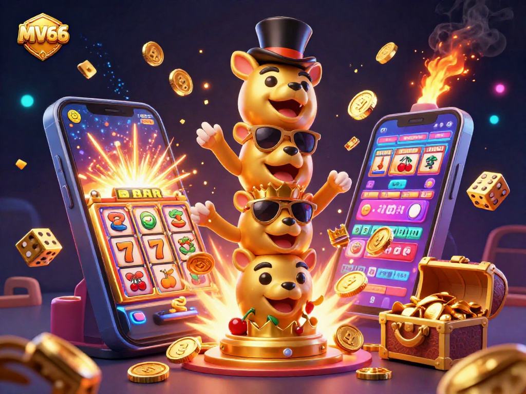 Win big at MV66 with an exciting jackpot explosion, showcasing colorful games and dynamic casino elements.