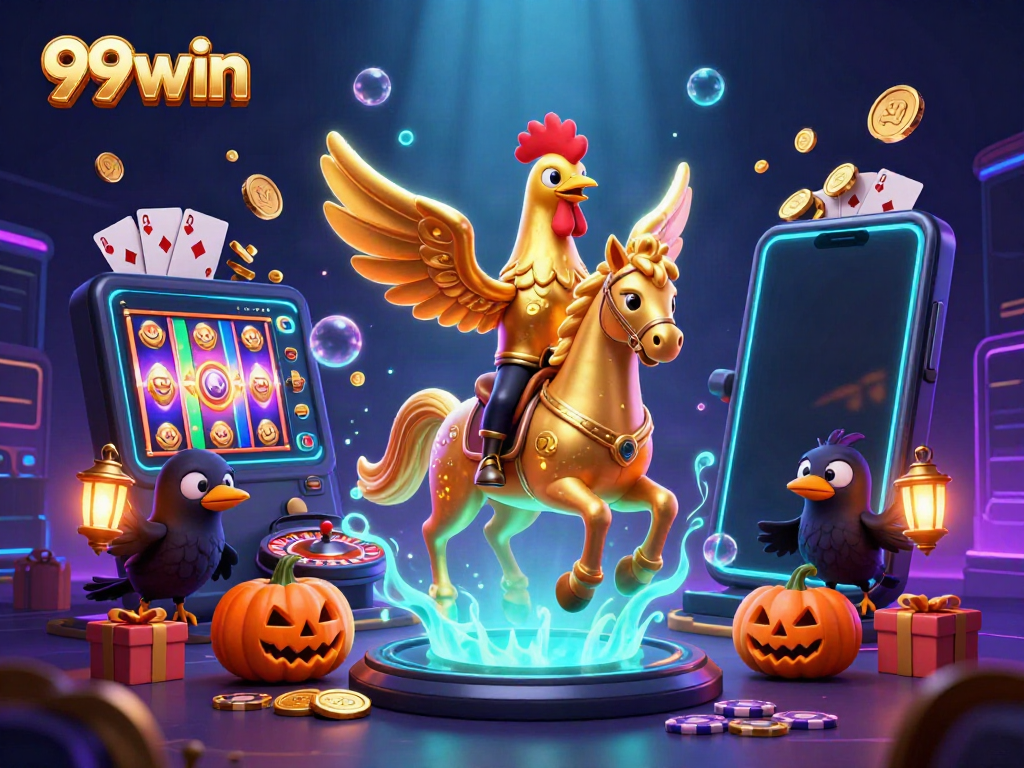 Experience the thrill of 99win in an ultra-detailed 3D casino world with glowing elements and exciting game displays.