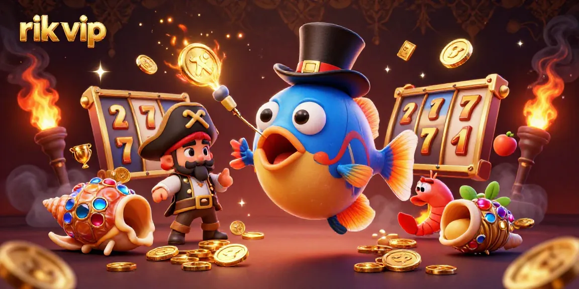 Engaging scene depicting rik vip with dynamic 3D characters attracting golden coins amidst slot game elements.