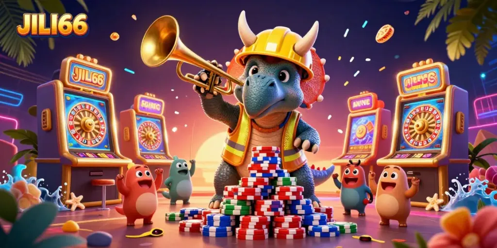 Experience the excitement of JILI66 casino with this vibrant 3D illustration showcasing various gaming elements and characters.