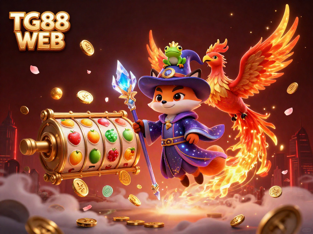 Experience thrilling gameplay at TG88 WEB with a fox wizard, floating phoenix, and vibrant casino elements.
